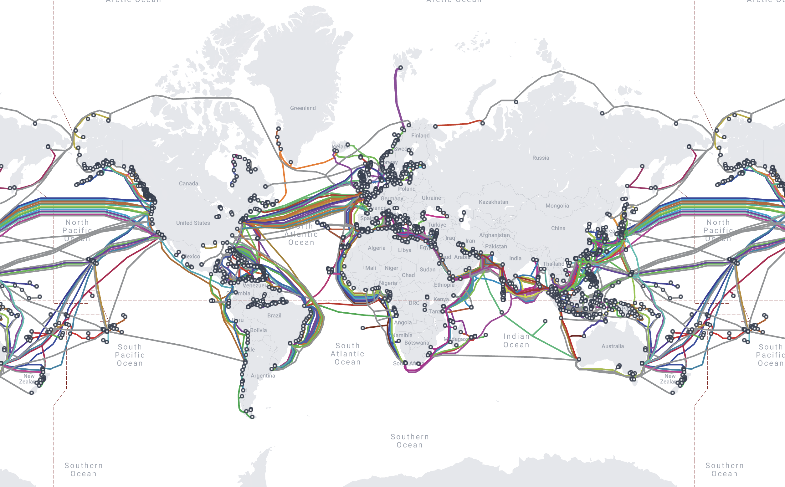 una mappa dei cavi transatlantici da submarinecablemap