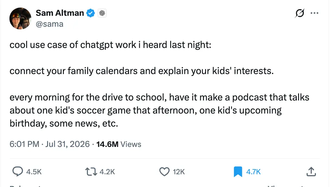 Tweet di Sam Altman sull'idea di creare con ChatGPT un podcast per la famiglia