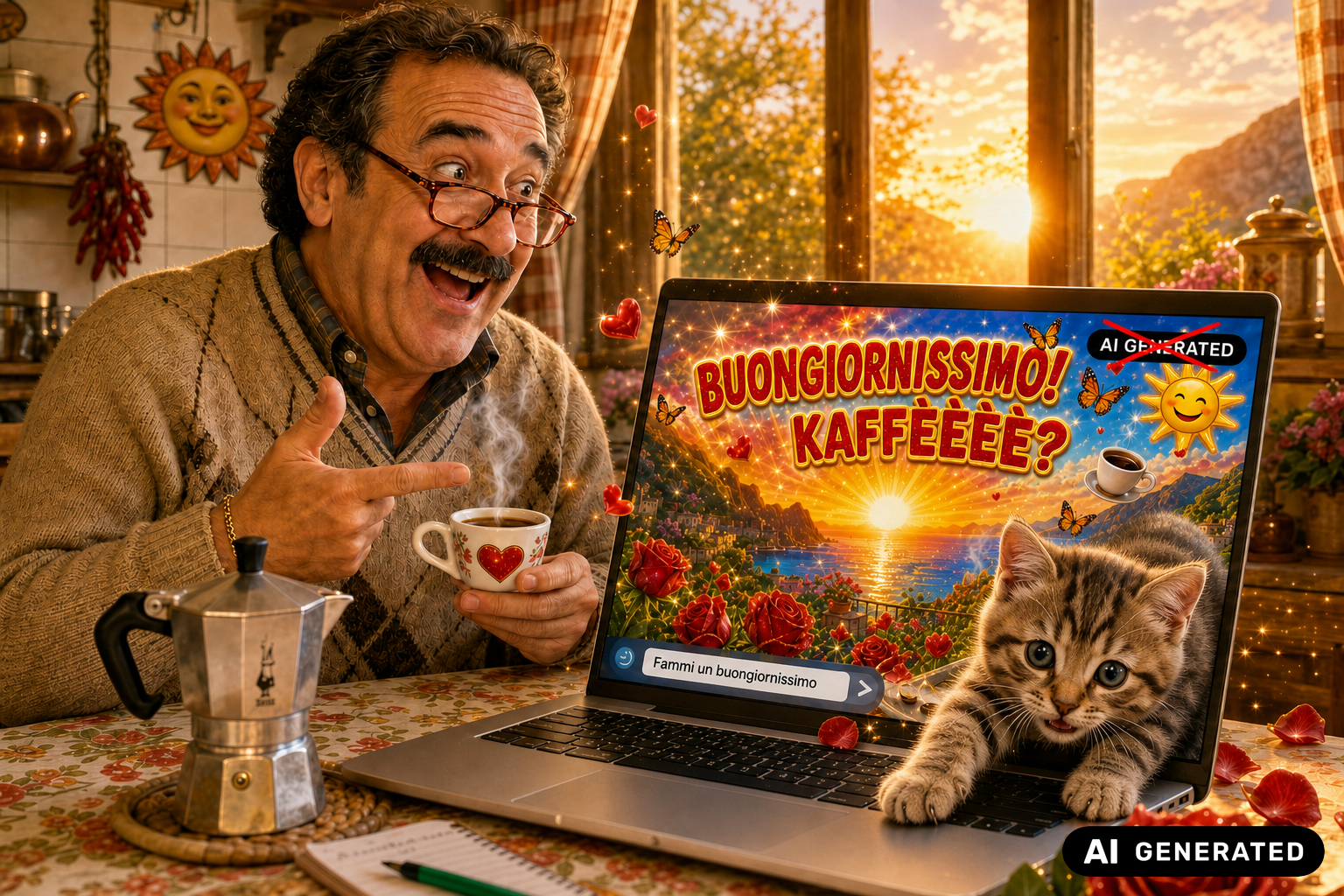 Uno zio genera con l’AI un kitschissimo buongiornissimo con caffè, rose, glitter e un gattino che esce dal laptop