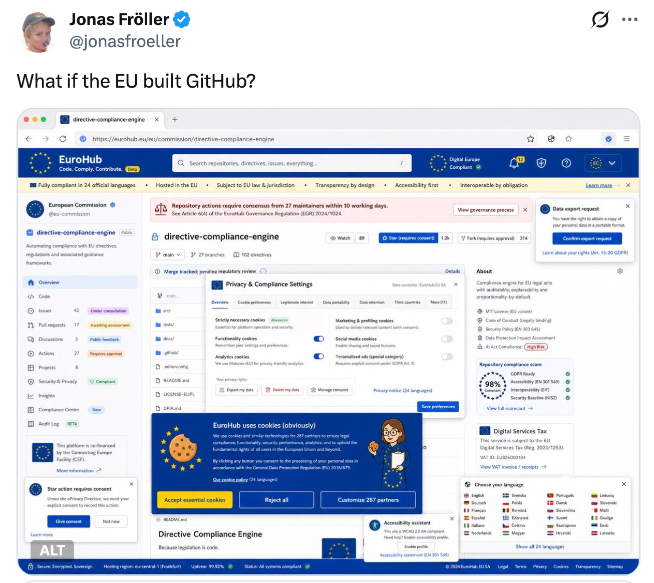 Meme “What if the EU built GitHub?” con un’interfaccia piena di richieste di consenso e adempimenti europei