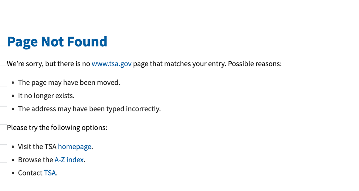 "Page not found" image from the TSA website