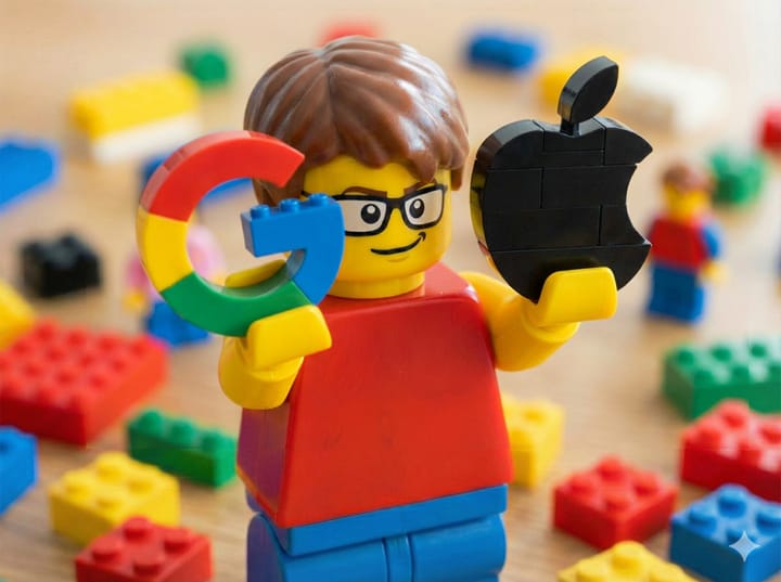 lego-like minifigure holding a logo of google and apple