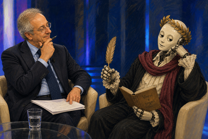 Intervista in stile illustrato: Walter Veltroni compiaciuto dialoga con un robot vestito da poeta, con corona d’alloro e penna, seduto in posa rilassata e ironica.